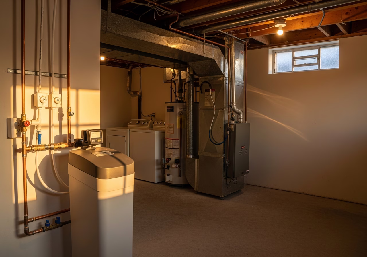 Completed water softener installation in Toronto basement utility