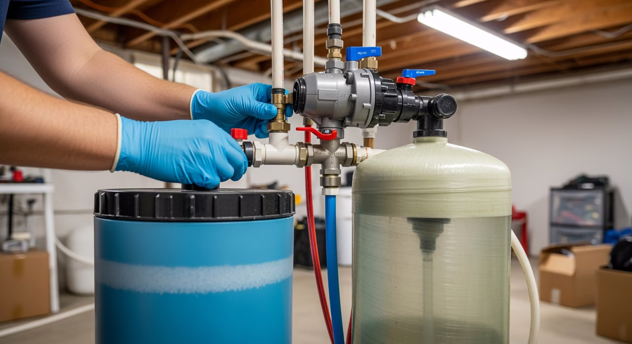 Licensed 306A plumber installing Kinetico salt-based water softener at main water line in Vaughan