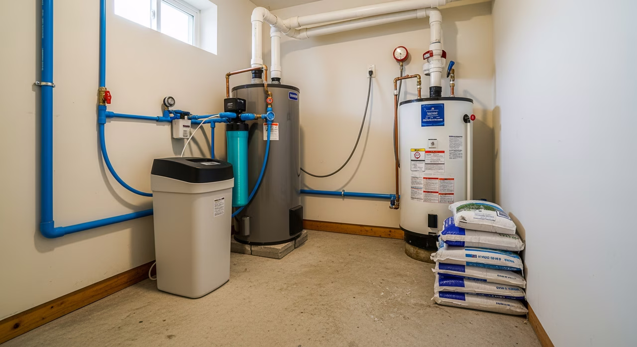 Water softener installed in Brampton detached home utility room with bypass valve assembly