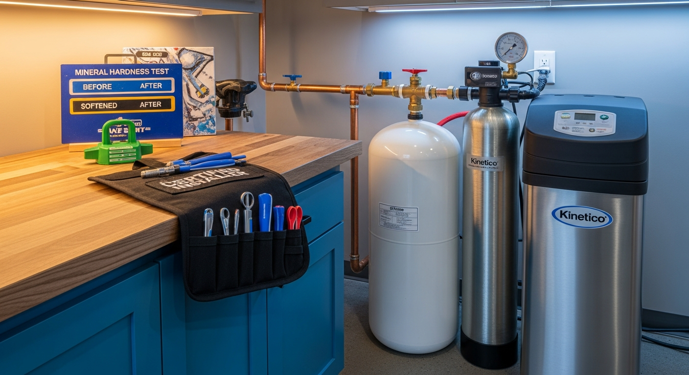 Close-up of professional water softener installation work delivered in Brampton