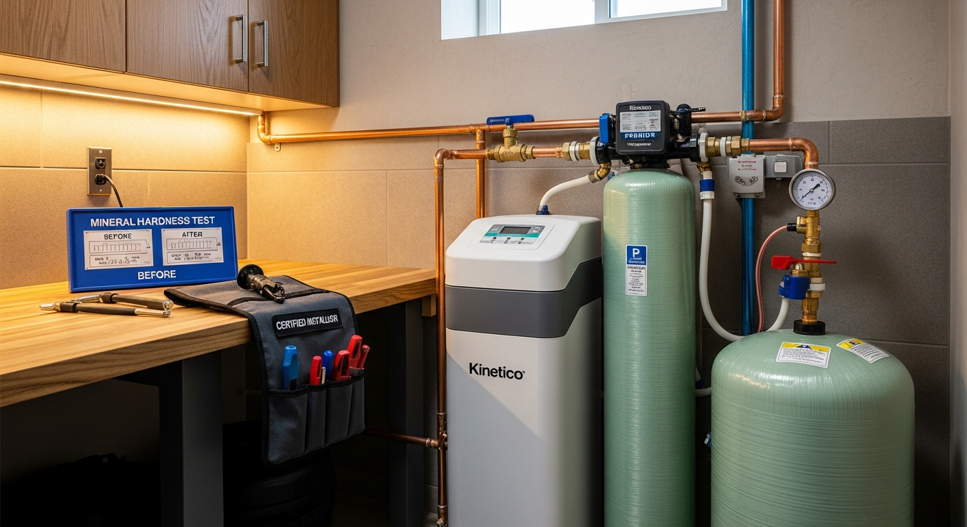 Close-up of professional water softener installation work delivered in Whitby
