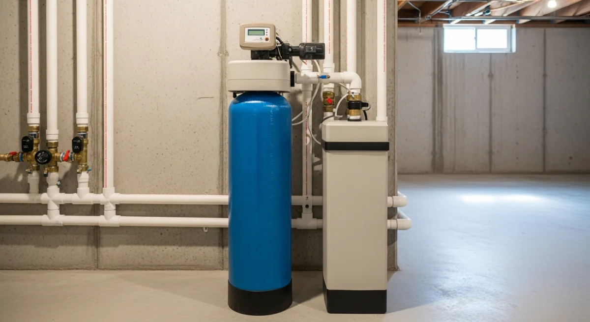 Professional water softener installation in a Toronto basement utility room