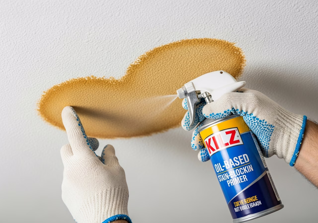 Applying Kilz oil-based stain-blocking primer over ceiling water stain — Toronto repair