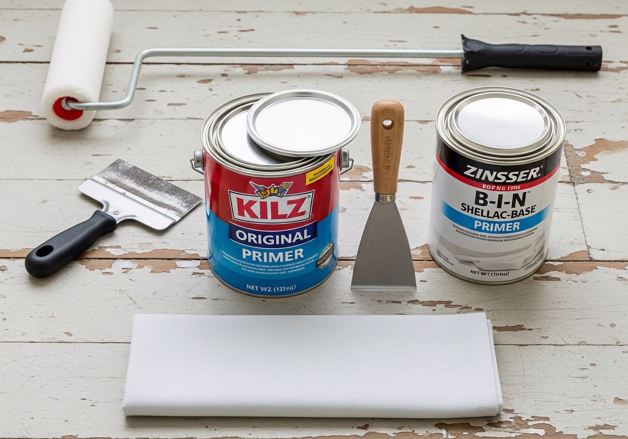 Water damage repair materials — Kilz and B-I-N Zinsser stain-blocking primers, ceiling roller