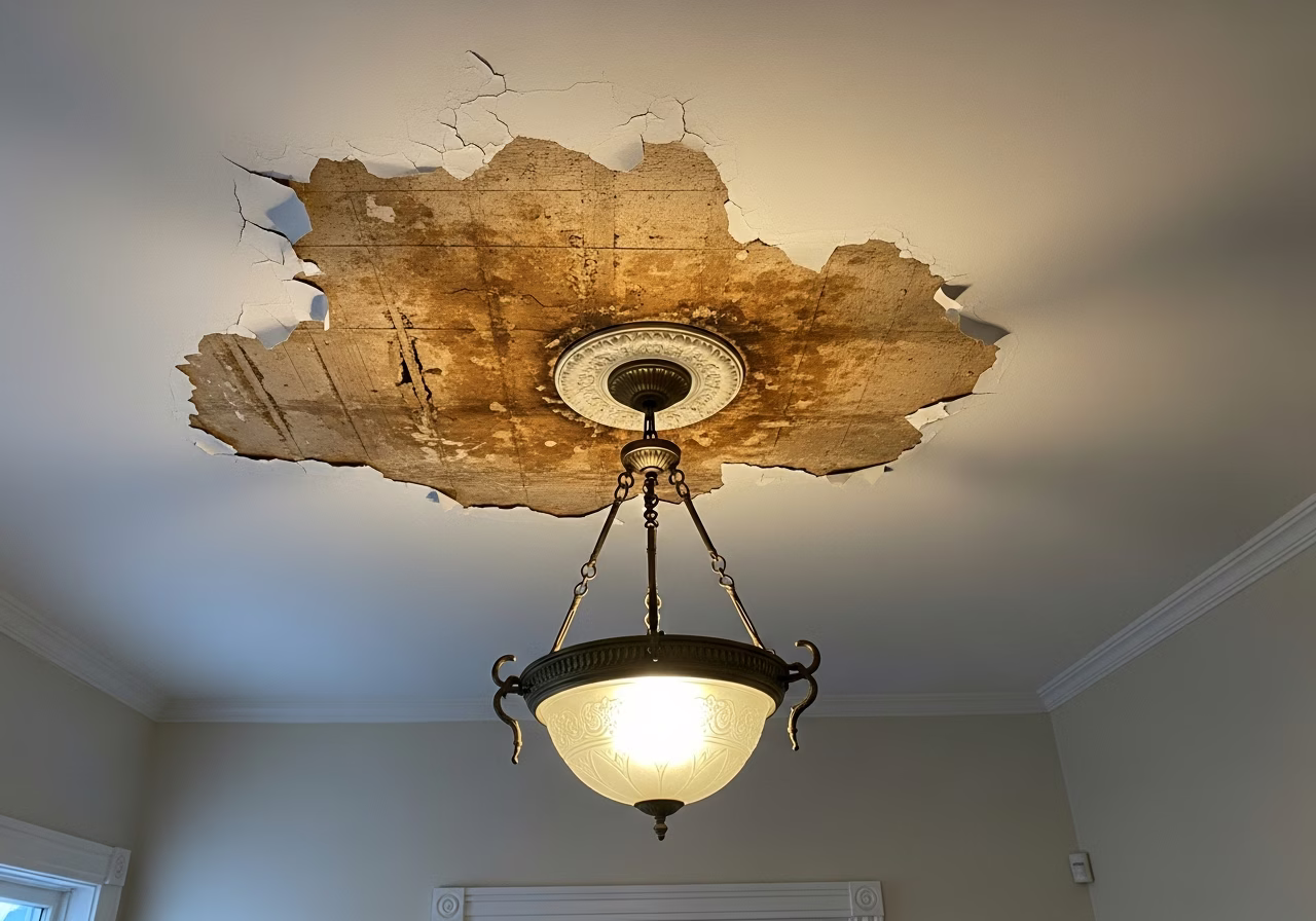 Water stain on Leslieville Victorian house plaster ceiling near light fixture — needs source diagnosis