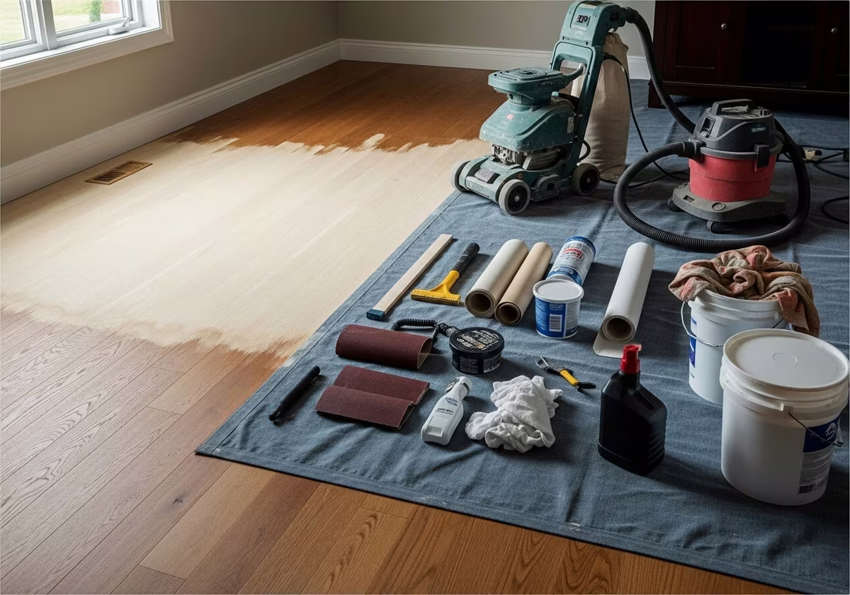 Hardwood Floor Refinishing tools and materials staged in Toronto home