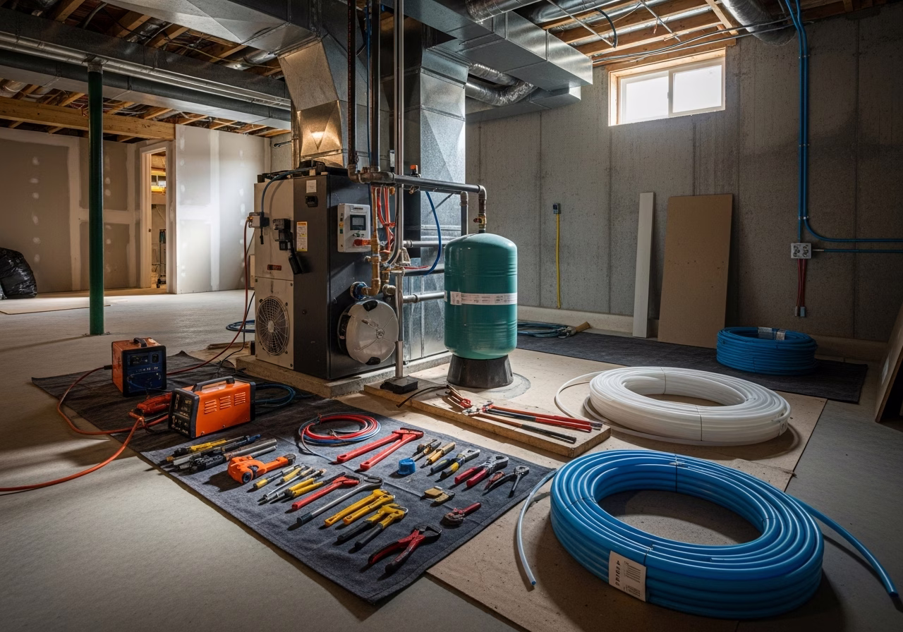 Geothermal Heat Pump Installation tools and materials staged in Toronto home