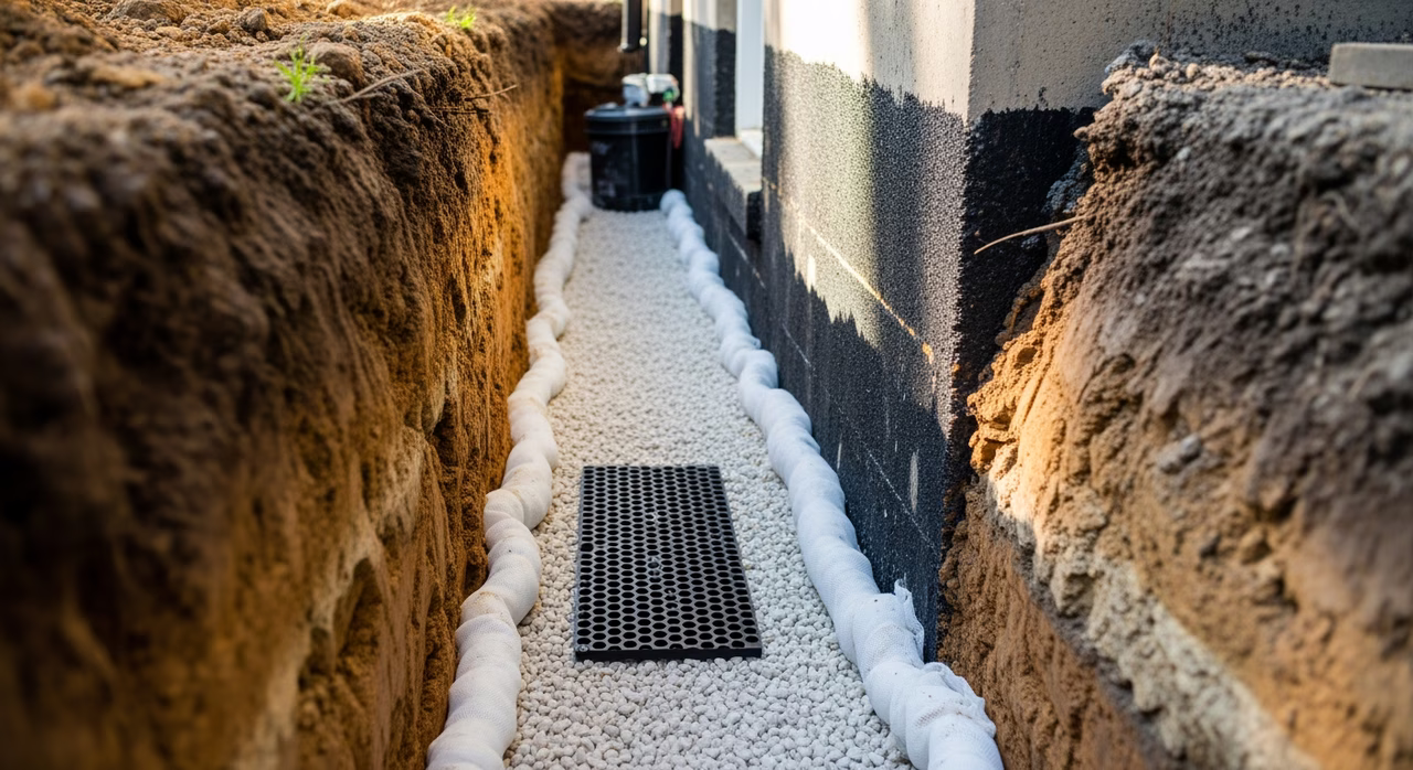 Licensed 306A plumber installing perforated four-inch weeping tile around foundation in Toronto