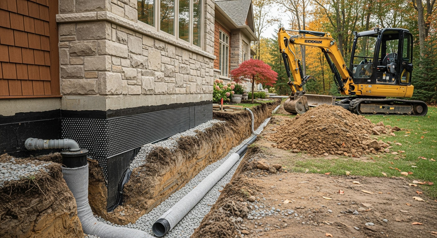 Detail view of a weeping tile repair & installation job finished in Caledon — expert craftsmanship