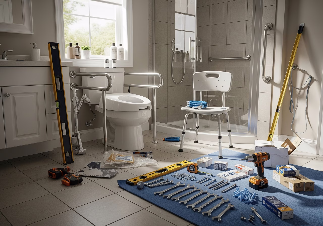 Accessibility Grab Bars & Bathroom Aids tools and materials staged in Toronto home