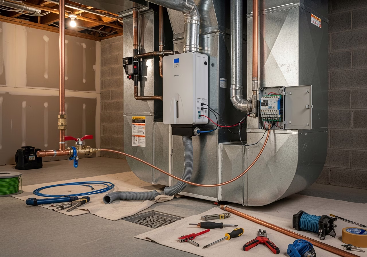 Toronto humidifier mid-install — water saddle valve tapping cold-water line
