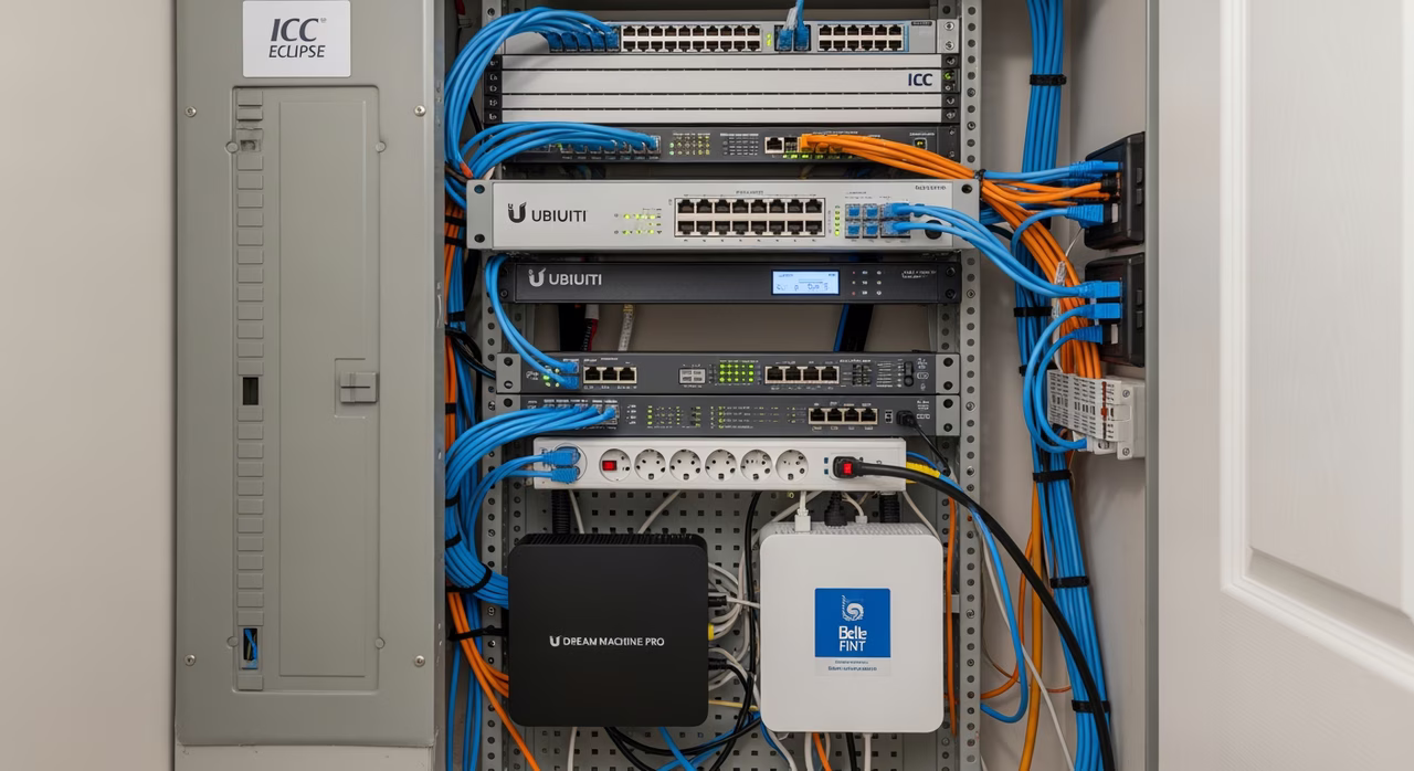 Close-up of Cat6 keystone jack termination with proper twist preservation and cable labels