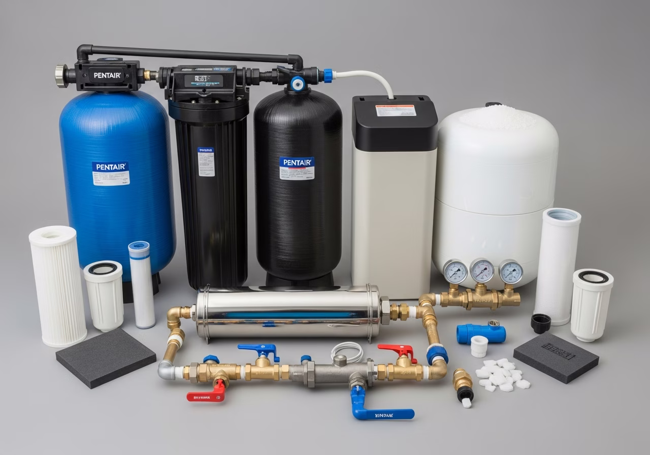 Whole-home filter kit — Pentair tanks, brine drum, UV chamber, bypass valve