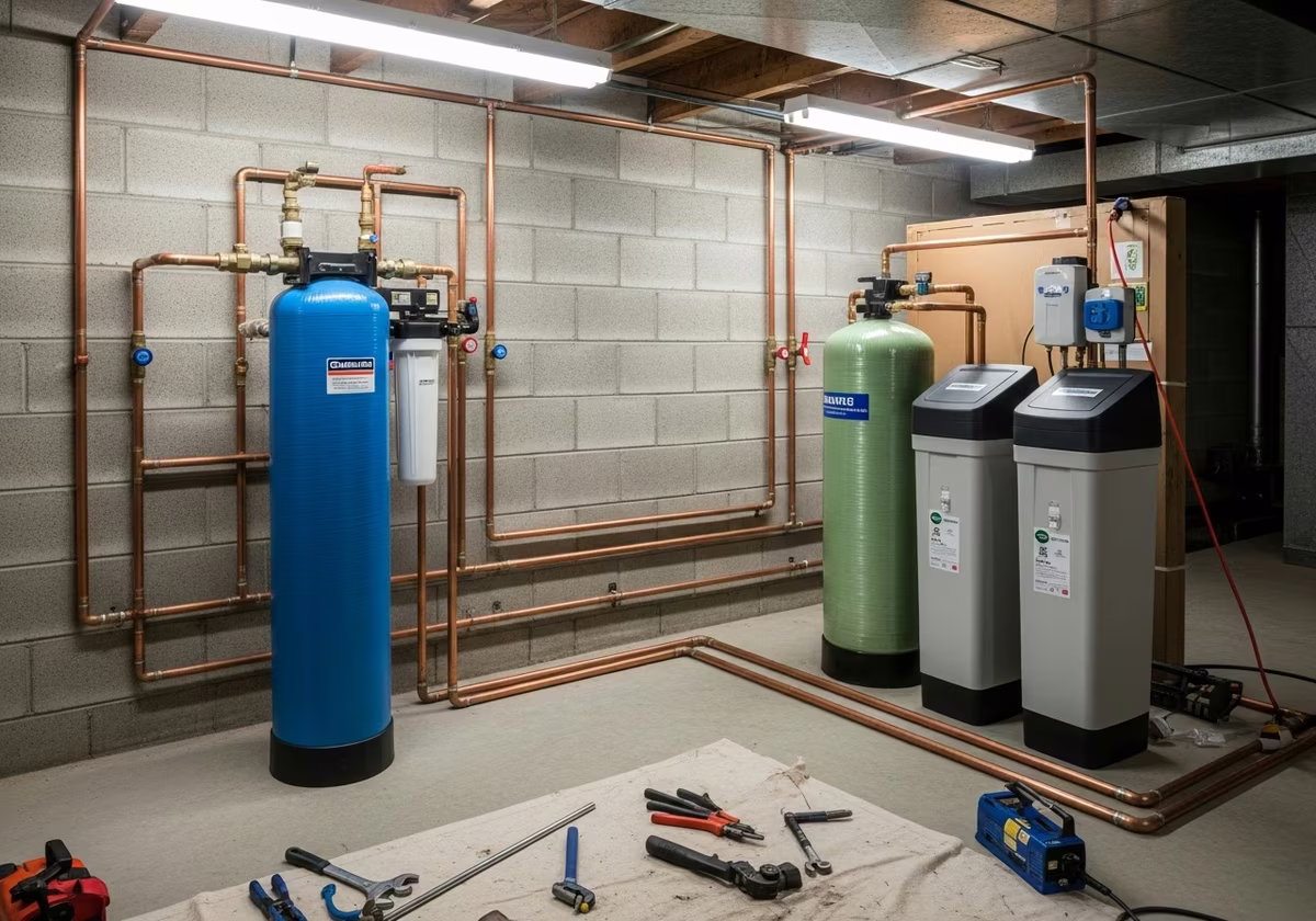Toronto basement whole-home filtration mid-install — tanks staged, copper rerouted