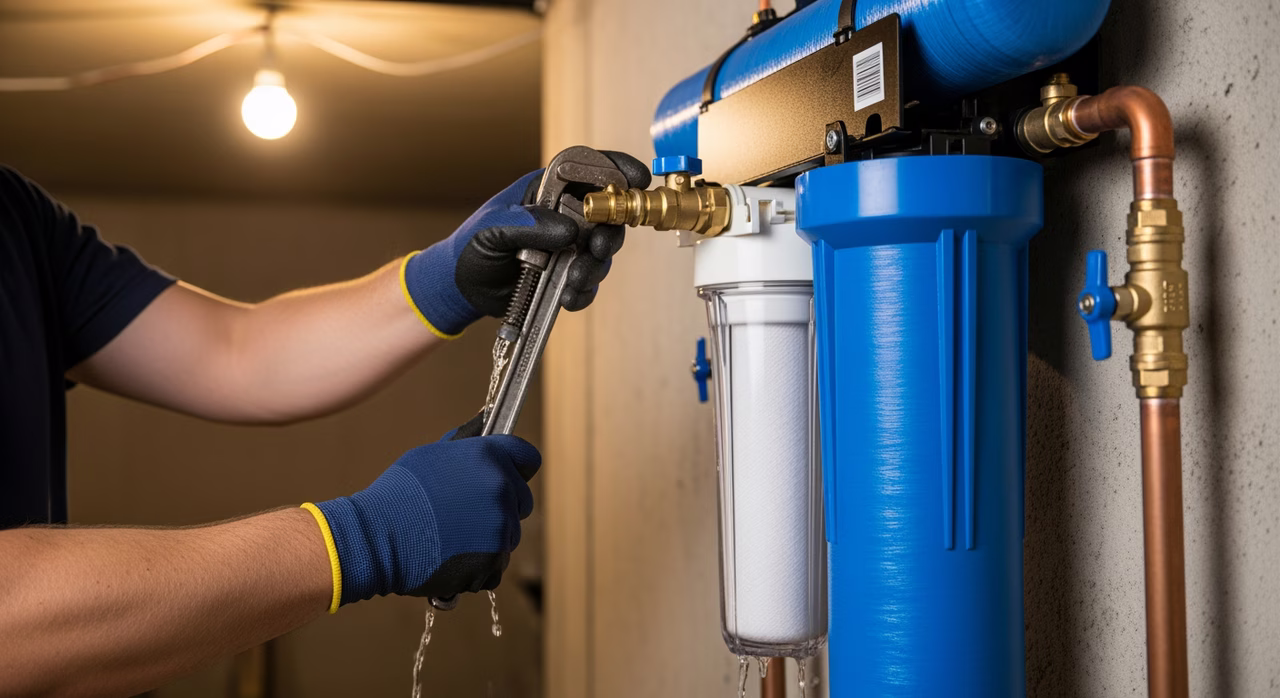 Licensed 306A plumber installing whole-home Aquasana carbon filter at main water entry in Toronto