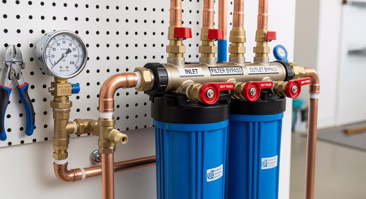 Close-up of pre-filter housing, pressure gauges, and bypass loop on whole-home filter manifold