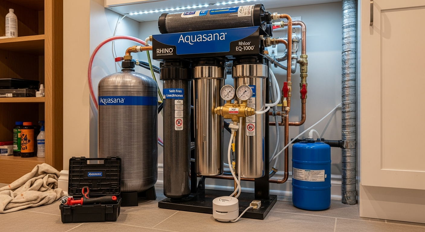 Editorial detail of a Mississauga whole-house water filtration install — visible quality finish