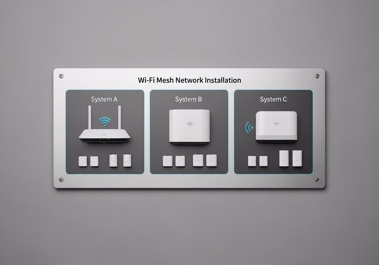 Side-by-side product and material comparison for wi-fi mesh network installation — typical brands and finishes used in Toront