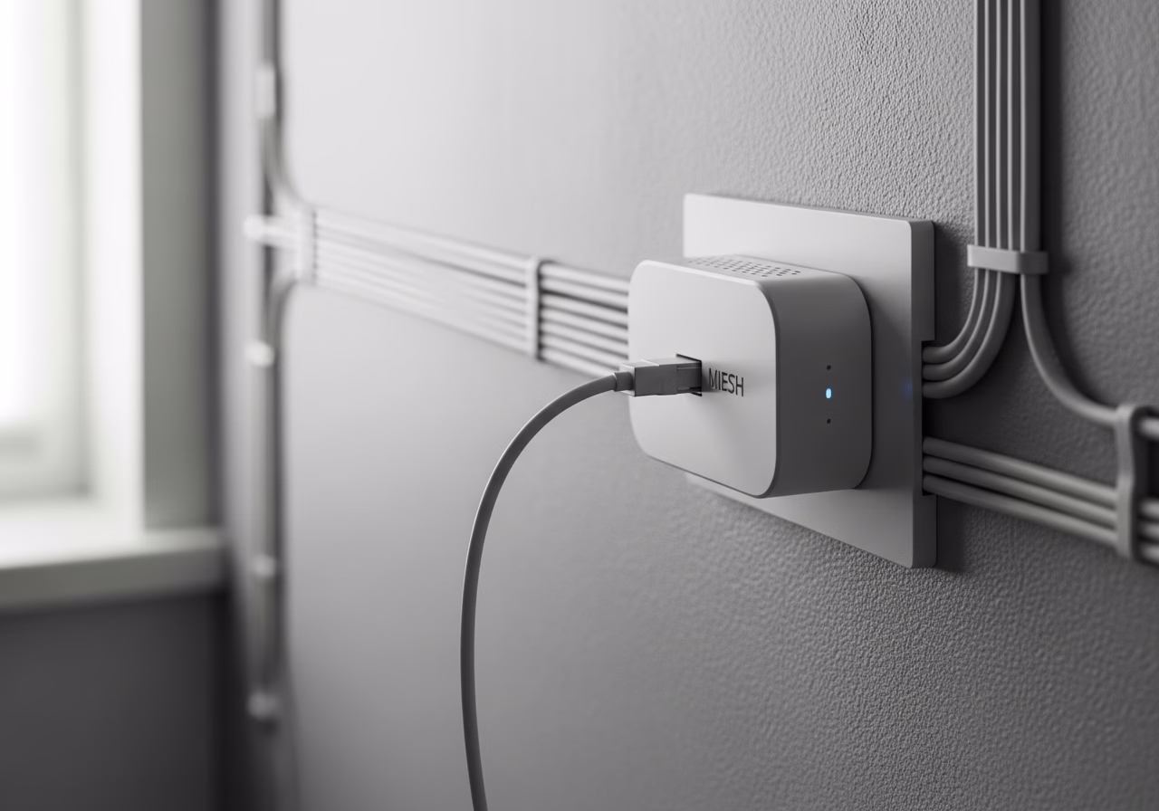 Close-up detail of professionally completed wi-fi mesh network installation showing craftsmanship and finish quality