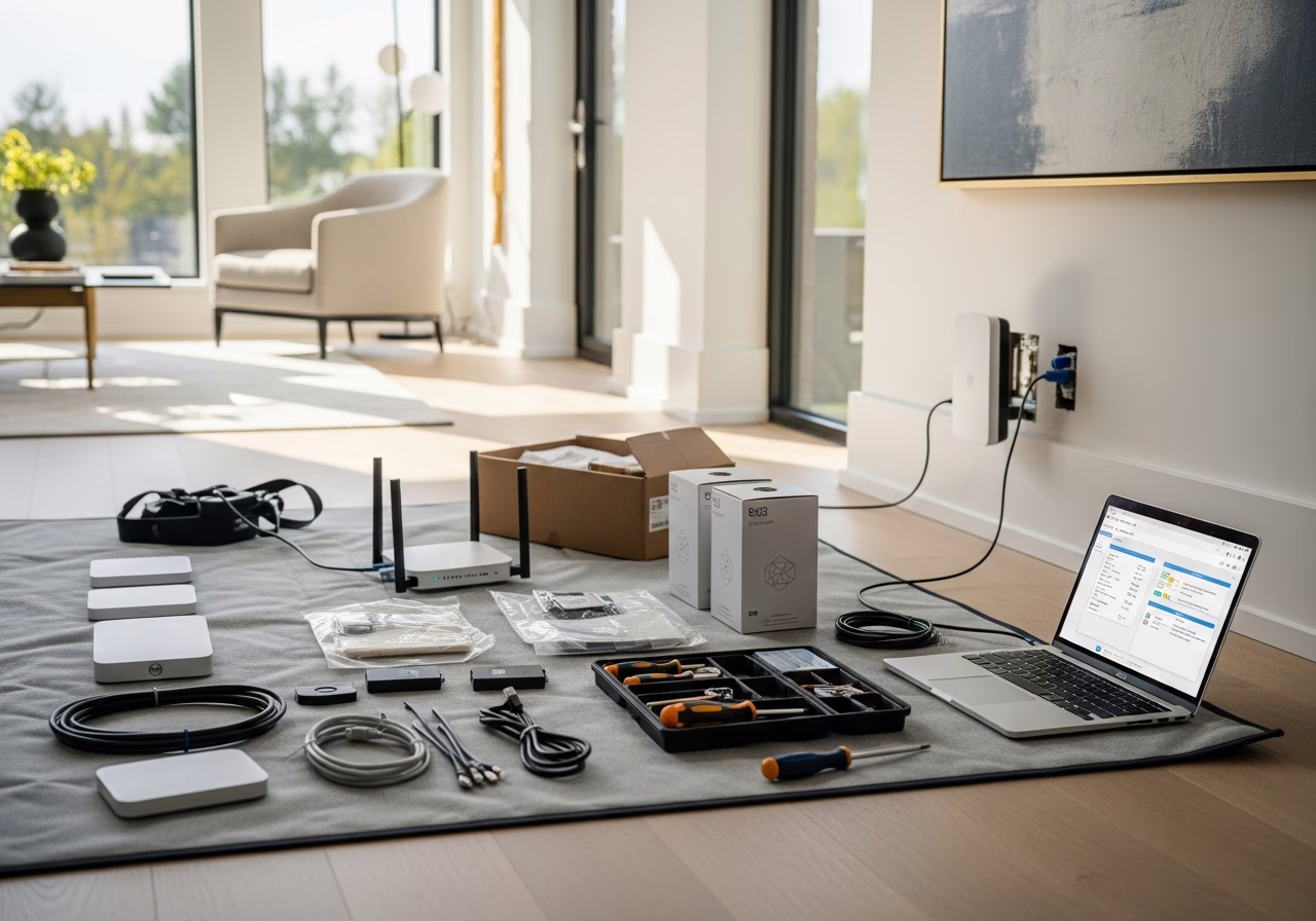 Tools and materials staged for WiFi mesh network installation project