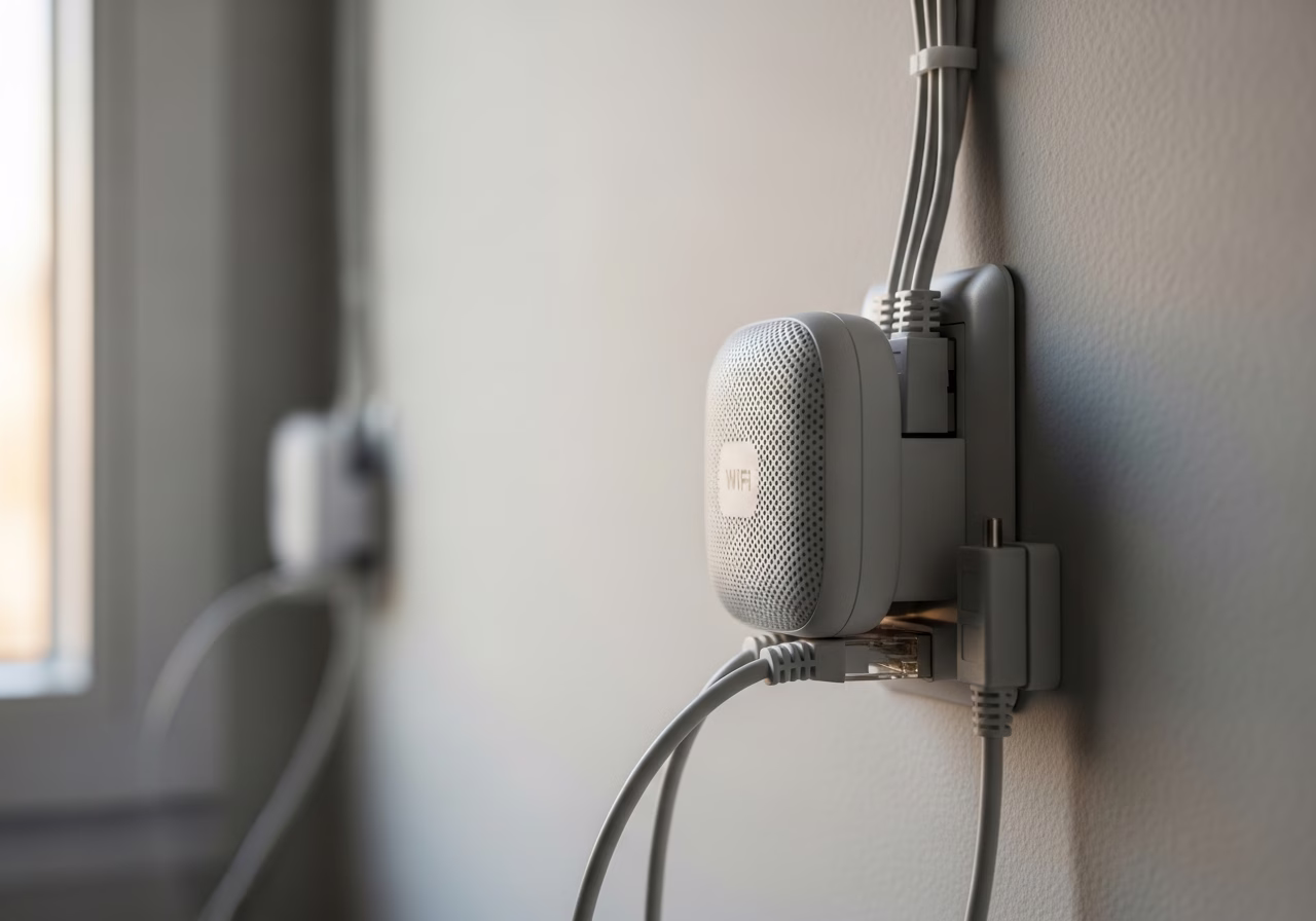 Close-up detail of professionally completed WiFi mesh network installation work