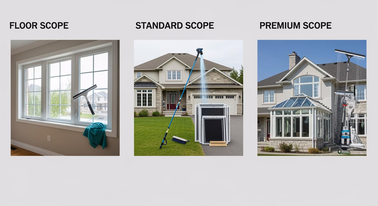 Three Toronto window-cleaning tiers compared: floor single-storey bungalow 8-14 windows inside-and-out at $120-$220, standard two-storey detached 18-28 windows with water-fed pole second-storey access at $220-$380, premium three-storey or 2,400+ sq ft 28-42 windows including bay/bow plus skylights plus hard-water remediation at $380-$580