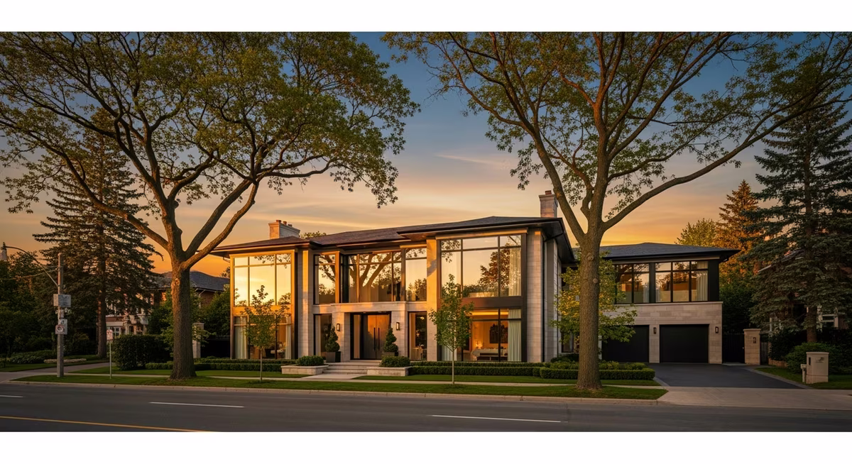 Toronto Oakville 2010s lakefront detached luxury home with floor-to-ceiling glazing and skylights on prestigious street at golden hour where premium full-property window-cleaning service with hard-water mineral remediation on lakeside glass commonly runs $380-$580 quarterly