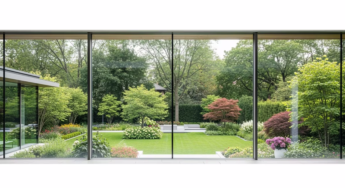Completed Toronto sun room or three-season porch after window-clean showing brilliant clear glass on all panels, screens reinstalled in pristine condition, sills wiped, frames pressure-rinsed for dust and cobweb removal, no streaks or spots under direct sunlight