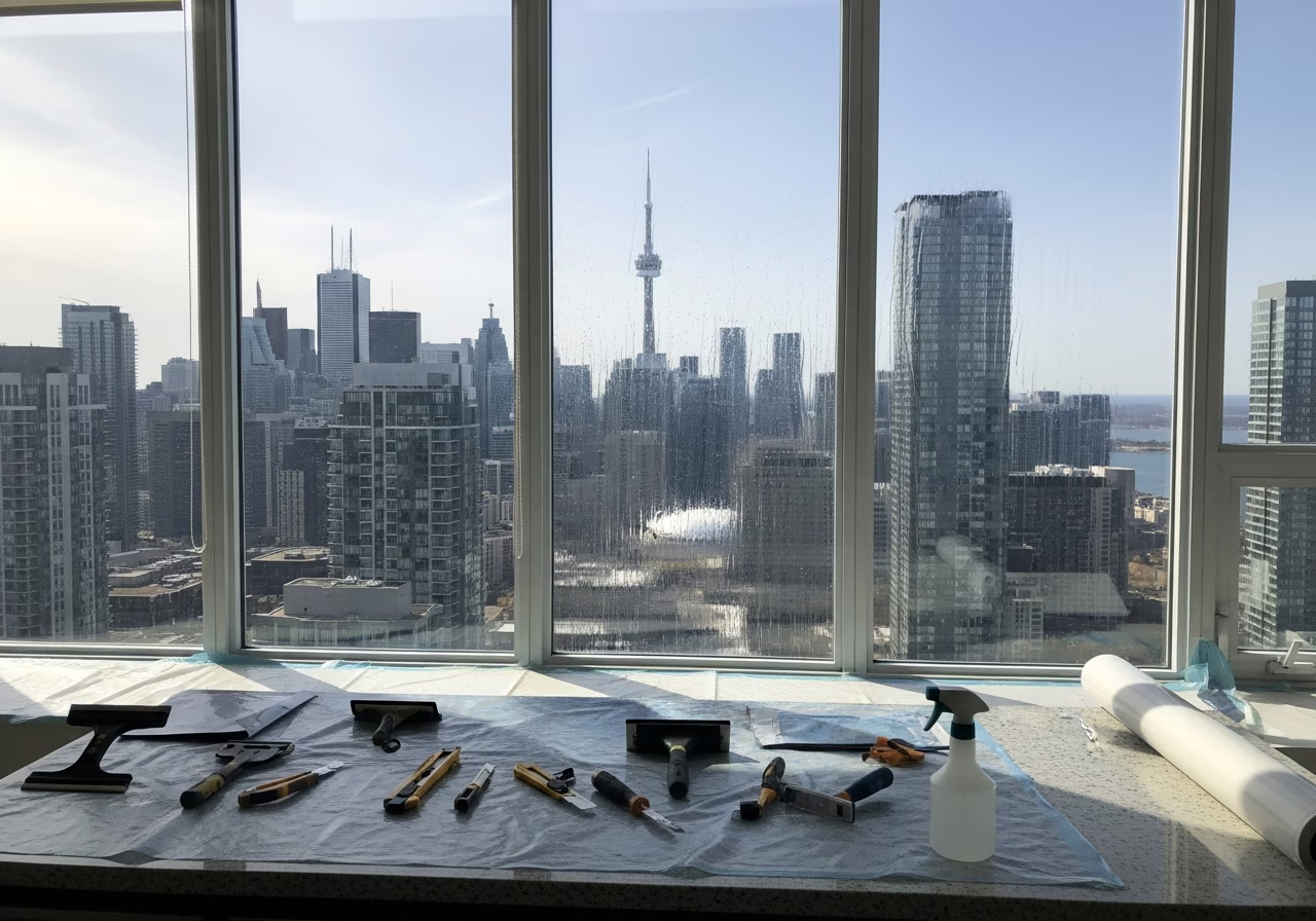 Tools and materials staged for window film installation