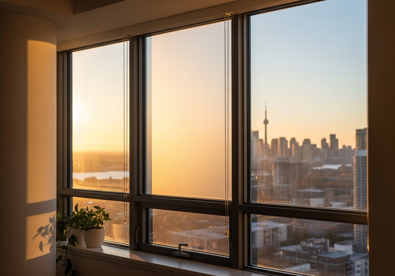 Completed window film installation in Toronto condo windows