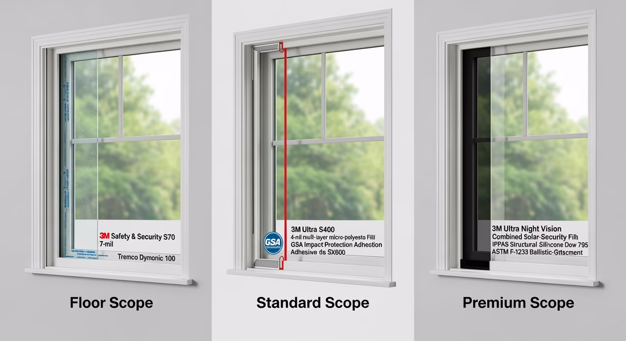 Three Toronto window security film tiers compared: floor 3M Safety & Security S70 7-mil clear with basic perimeter Tremco Dymonic 100 seal at $10-13/sqft, standard 3M Ultra S400 4-mil or Madico Safety Plus SX600 6-mil with GSA-approved 3M Impact Protection Adhesive perimeter for 5-second forced-entry delay and condo board approval at $14-18/sqft mid, premium 3M Ultra Night Vision combined solar-security with IPPAS structural-silicone Dow 795 frame-bonded attachment ASTM F-1233 ballistic 14-mil at $20-25/sqft+