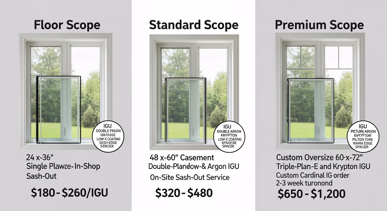 Three Toronto IGU tiers compared: floor single double-pane low-e IGU on 24x36 casement in-shop at $180-$260, standard double-pane low-e and argon on 48x60 casement on-site at $320-$480, premium triple-pane low-e and krypton on custom oversize 60x72 with 2-3 week turnaround at $650-$1,200