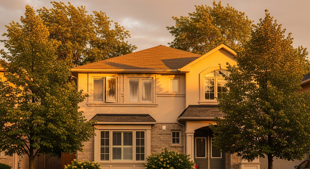Toronto Etobicoke 2000s detached two-storey home with aluminum-clad wood windows showing one window with condensation between panes (failed sealed unit) and mature trees on family street at golden hour where IGU failure at 15-20 years avoids full-window-replacement cost