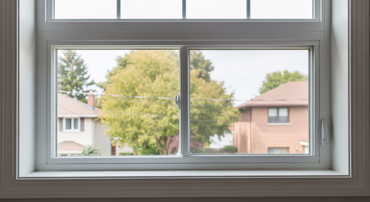 Completed Toronto bedroom window after IGU replacement showing crystal-clear new double-pane low-e and argon insulated glass unit (previously clouded with condensation), perfect view through fresh sealed unit