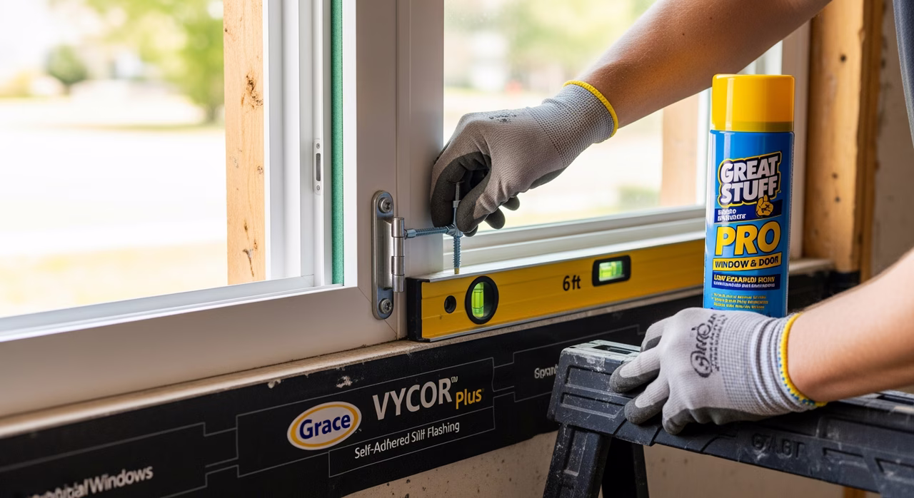 Toronto window installer fastening 3-inch trim-head screw through Centennial Windows fibreglass casement jamb-shim into jack-stud at hinge point, low-expansion Great Stuff Pro spray-foam visible, Grace Vycor Plus self-adhered sill flashing on rough-opening sill