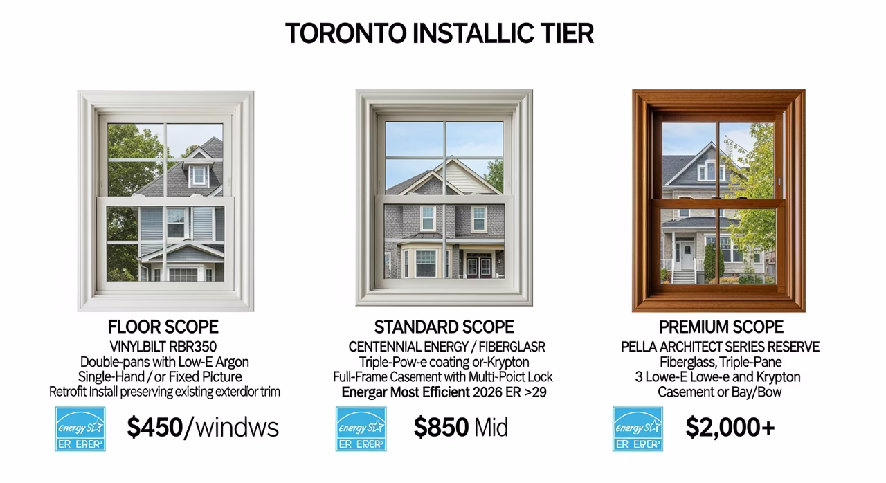 Three Toronto window installation tiers compared: floor Vinylbilt VB350 vinyl double-pane low-e and argon retrofit at $450/window, standard Centennial Energy Master triple-pane low-e and krypton Energy Star Most Efficient ER >29 at $850, premium Pella Architect Series Reserve fibreglass triple-pane krypton at $2,000+