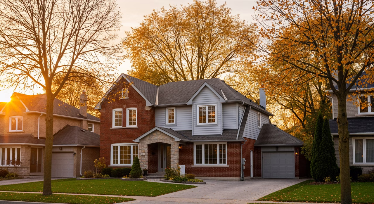 Toronto Mississauga 1990s detached two-storey home with brick veneer and mature trees on family street at golden hour where full-house window replacement to Energy Star Most Efficient runs $850-$2,000 per window and adds $15,000-$30,000 to resale