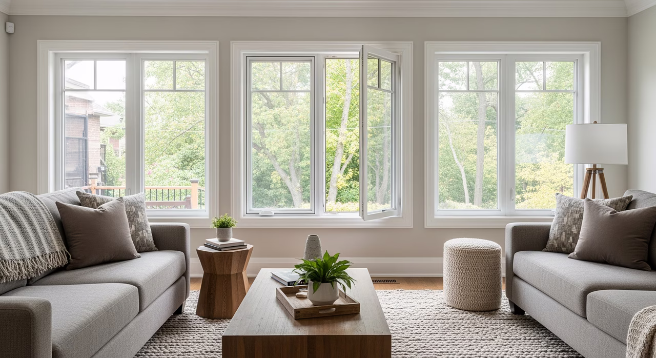 Completed Toronto family-room with newly-installed Centennial Energy Master triple-pane fibreglass casement windows in white interior and sandalwood exterior, low-e and argon-fill glass, multi-point Truth Encore lock, custom extension jambs and interior trim
