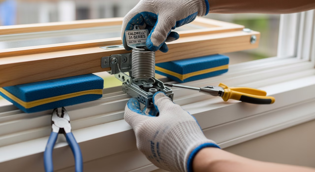 Toronto window-repair specialist replacing broken balance-spring assembly in Centennial double-hung window jamb track, sash on padded sawhorse, new Caldwell 31-series balance spring with serial-number ID tag