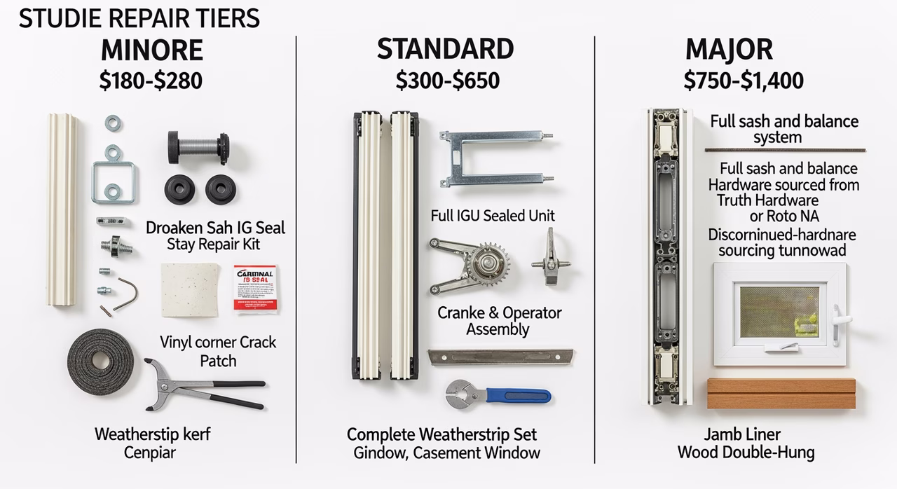 Three Toronto window-repair tiers compared: minor scope sash-balance or Cardinal IG seal repair at $180-$280, standard scope IGU sealed-unit swap or full weatherstrip-set at $300-$650, major scope full sash and balance system rebuild on 1990s vinyl with discontinued hardware sourcing at $750-$1,400