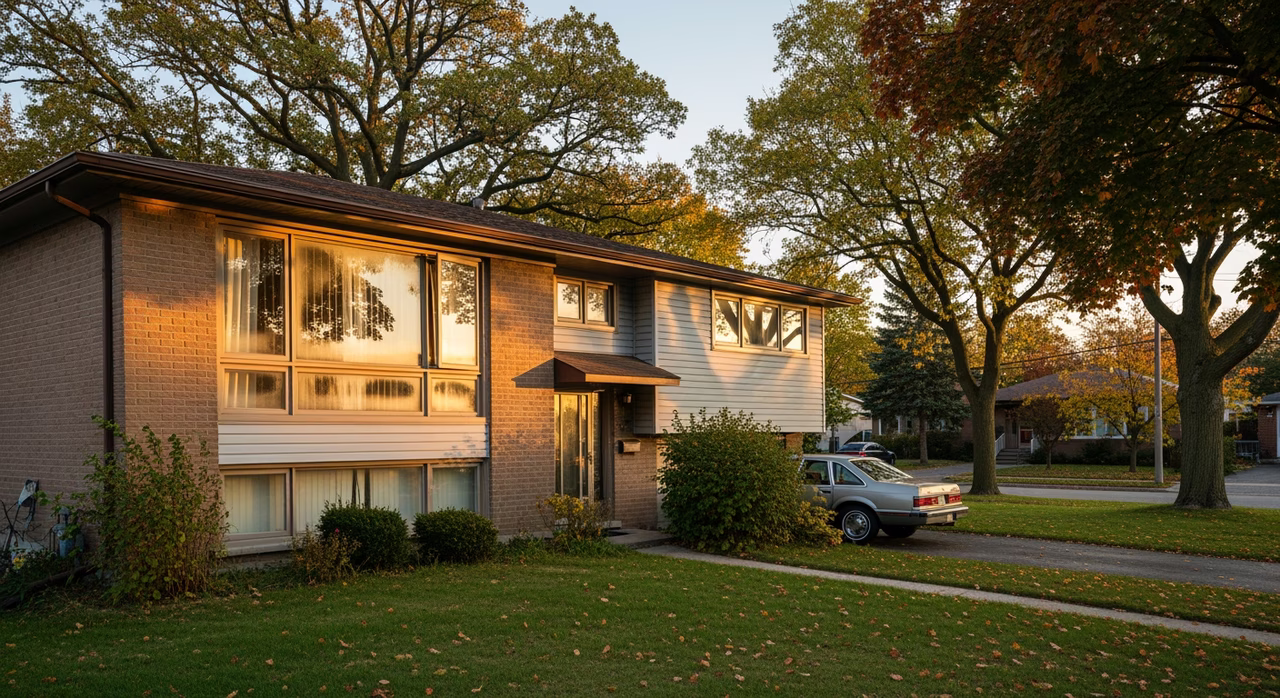 Toronto Scarborough 1980s detached split-level home with aluminum-clad wood windows and mature trees on family street at golden hour where 30-year window-repair scopes include failed IGU sealed-unit and balance-spring replacement on stuck double-hung sashes