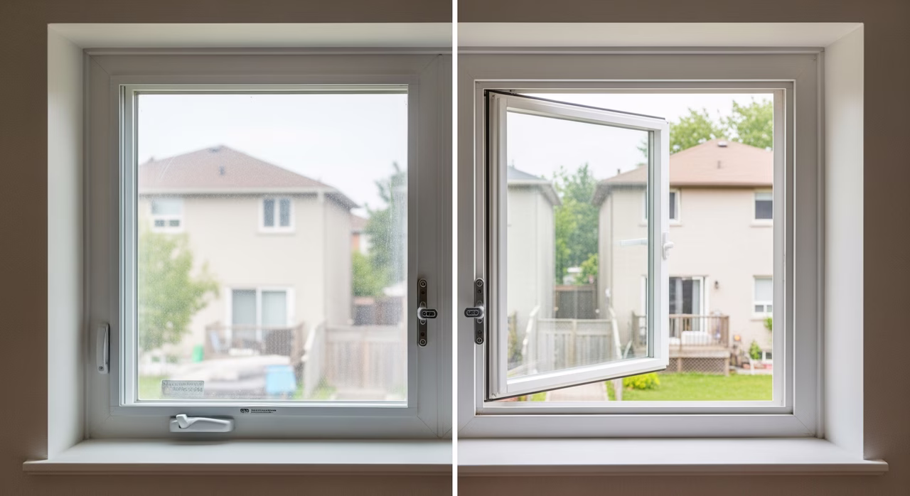 Completed Toronto bedroom window showing newly-installed clear IGU sealed unit replacing failed double-pane (formerly clouded with condensation), perfectly clear low-e glass, working multi-point lock hardware
