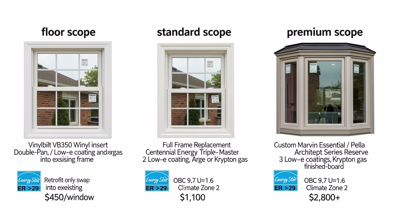 Three Toronto window-replacement tiers compared: floor retrofit Vinylbilt VB350 vinyl double-pane low-e and argon at $450/window, standard full-frame Centennial Energy Master triple-pane Energy Star Most Efficient ER >29 at $1,100, premium Marvin Essential or Pella Architect Series Reserve fibreglass triple-pane krypton at $2,800+