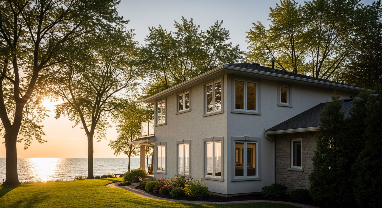 Toronto Burlington 1990s detached two-storey lakeshore home with mature trees and view of Lake Ontario at golden hour where full-house Energy Star Most Efficient triple-pane with C4-rated wind load for lakeshore exposure runs $1,100-$2,800/window and qualifies for HRS plus Greener Homes Grant