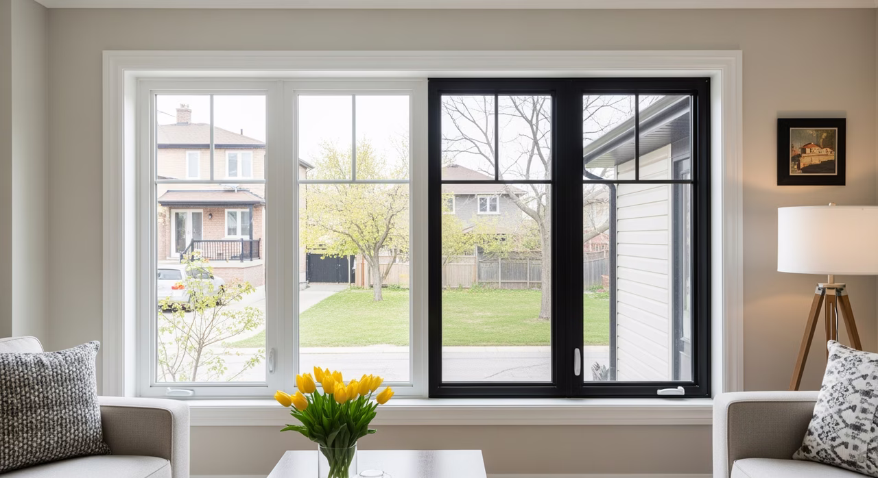 Completed Toronto living-room with newly-installed Centennial Energy Master triple-pane fibreglass casement windows in white interior and black exterior, krypton-fill glass with three low-e coatings, multi-point Truth Encore lock, custom extension jambs