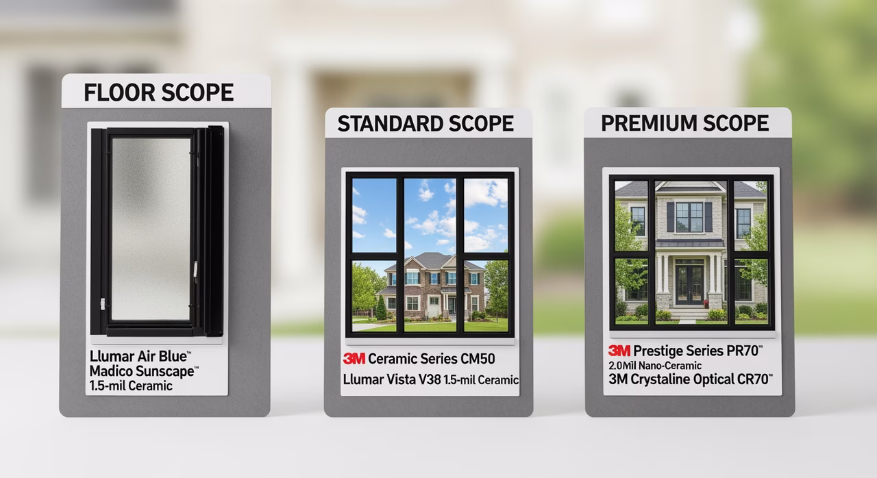 Three Toronto window solar film tiers compared: floor single-room mid-tier ceramic Llumar Air Blue or Madico Sunscape 1.5-mil ceramic on 1-3 windows at $1,800-$2,500, standard whole-suite condo 8-14 windows with 3M Ceramic Series CM50 or Llumar Vista V38 1.5-mil ceramic with IGU thermal-stress survey per ASTM E-1300 and condo board approval at $3,500-$6,500 mid, premium whole-home detached 15-25 windows with 3M Prestige Series PR70 nano-ceramic or 3M Crystalline Series CR70 multilayer optical at $8,500-$12,000+