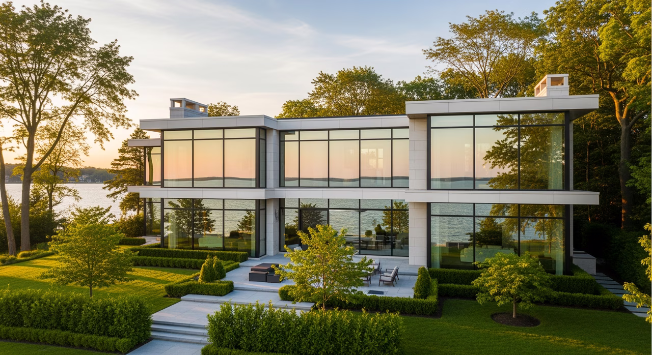 Toronto Oakville 2010s lakefront detached luxury home mature landscaping and floor-to-ceiling south-west exposure glazing on prestigious lakeside street at golden hour where premium whole-home 3M Crystalline Series multilayer optical solar film with 60+ percent Total Solar Energy Rejection plus 99.9 percent UV-A/UV-B blocking commonly runs $8,500-$12,000 protecting hardwood and Italian leather per Cancer Society Canada SPF-1000 equivalent