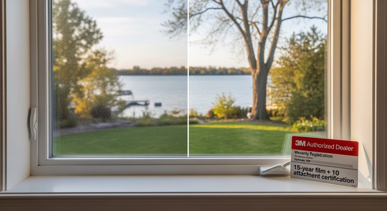 Completed Toronto Oakville luxury home south-facing living-room window after solar film install showing perfectly-bonded 3M Crystalline Series multilayer optical film with crystal-clear 90 percent VLT optical transparency, dramatic before-after split with adjacent untreated window showing visible glare next to treated film-side showing crisp view, fresh Tremco Dymonic 100 perimeter sealant and 3M Authorized Dealer warranty registration card with 15-year film + 10-year attachment certification