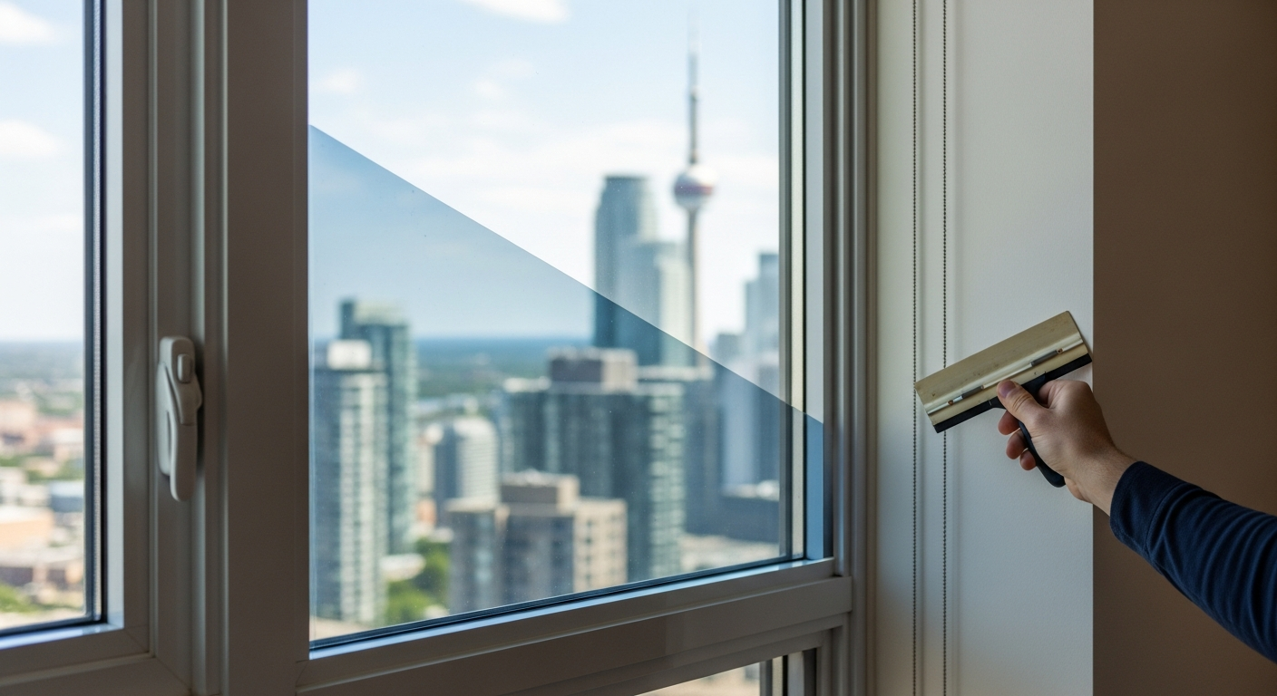 Editorial detail of a Burlington window tinting & solar film install — visible quality finish