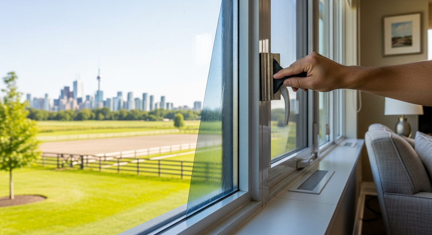 Close-up of professional window tinting & solar film work delivered in King City